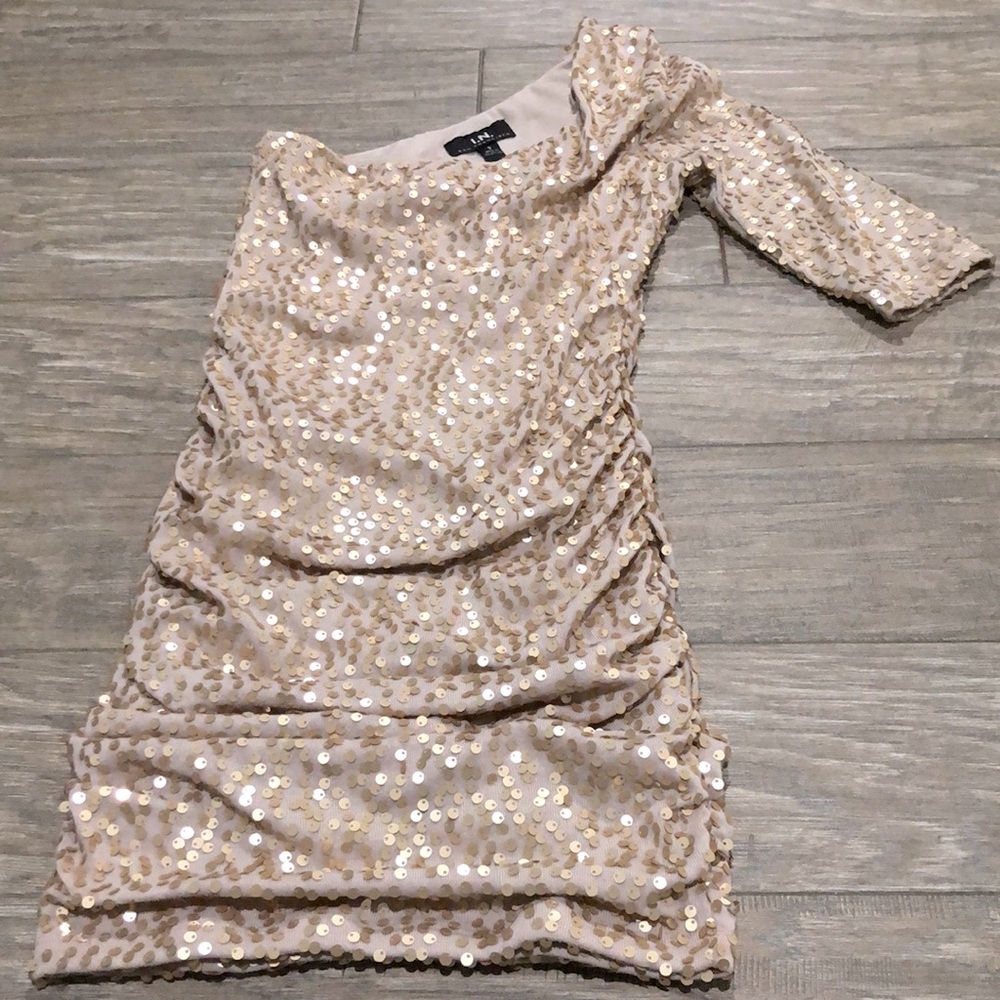 Gold sequin dress, one shoulder, party dress, size small